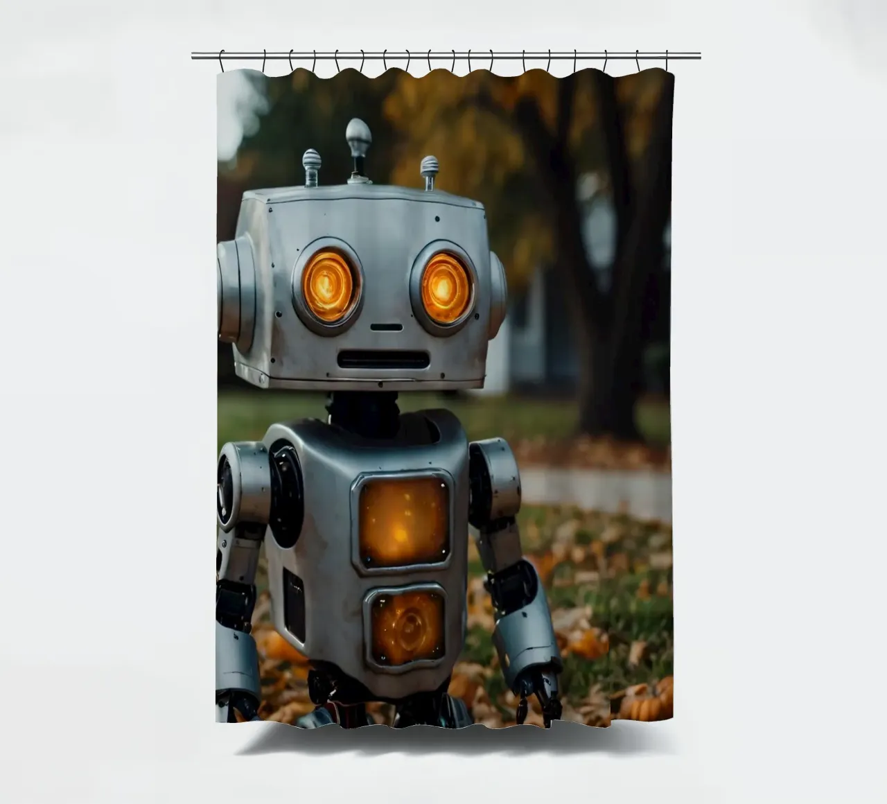 Un robot vintage si trova accanto a una zucca intagliata durante l'autunno tenda da doccia da DesignDoodle