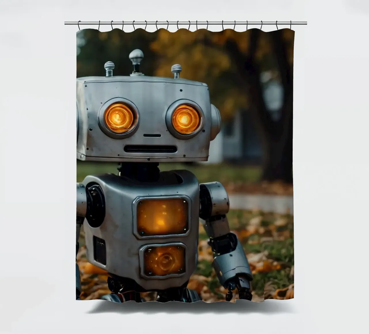 Un robot vintage si trova accanto a una zucca intagliata durante l'autunno tenda da doccia da DesignDoodle