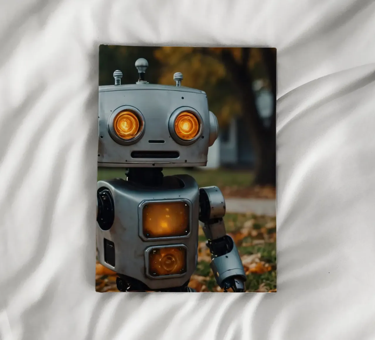 Un robot vintage se tient à côté d'une citrouille sculptée pendant l'automne. carnet de notes de DesignDoodle