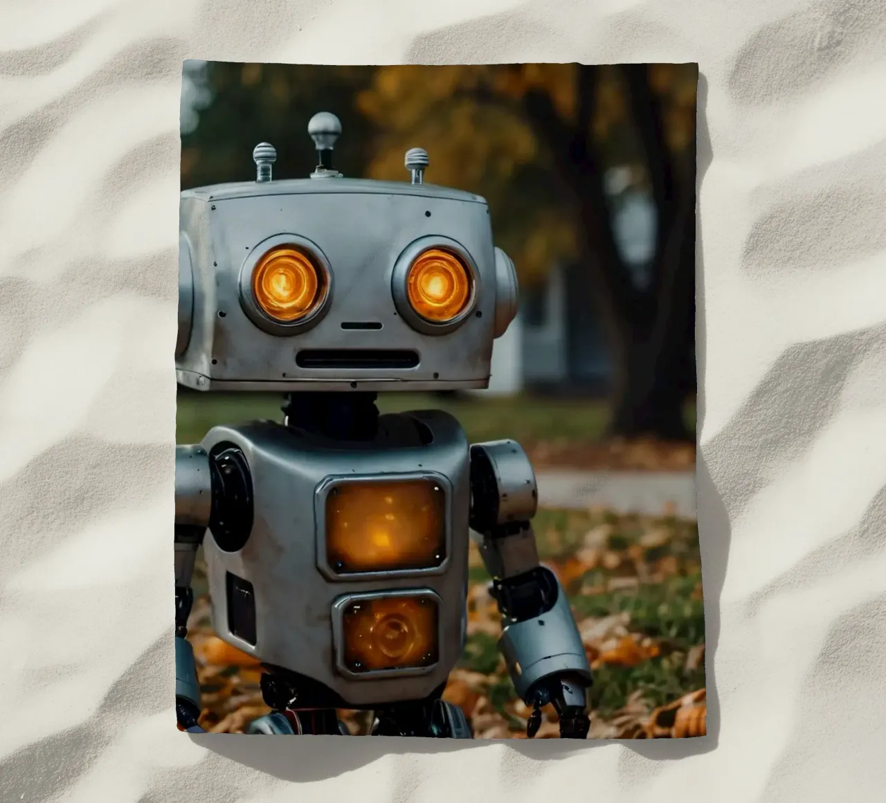 Un robot vintage si trova accanto a una zucca intagliata durante l'autunno telo mare da DesignDoodle