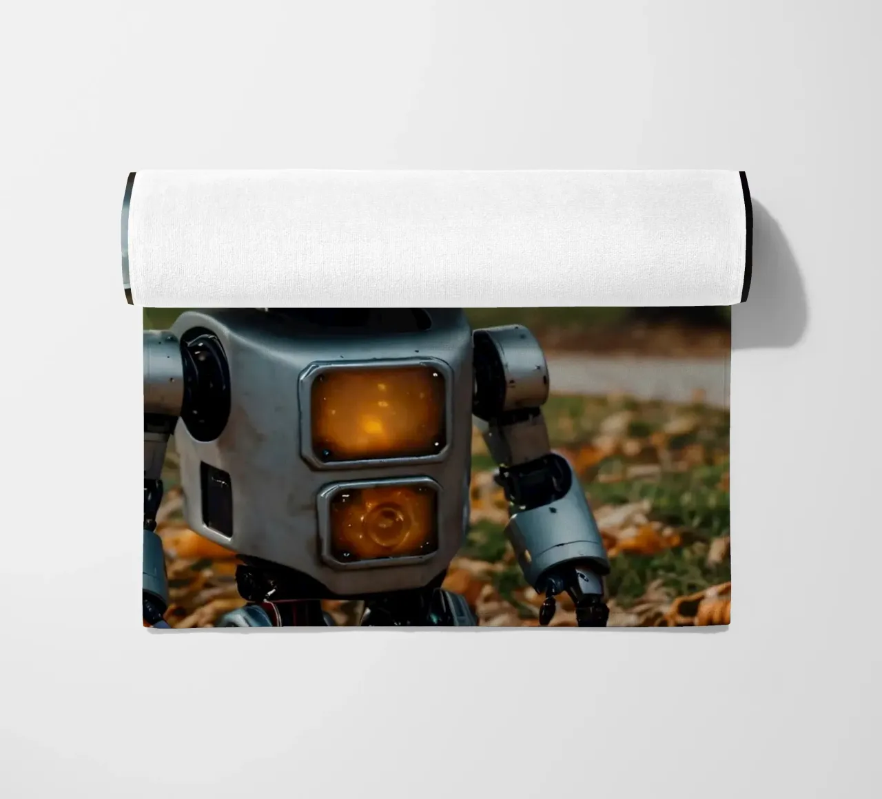 Un robot vintage si trova accanto a una zucca intagliata durante l'autunno telo mare da DesignDoodle