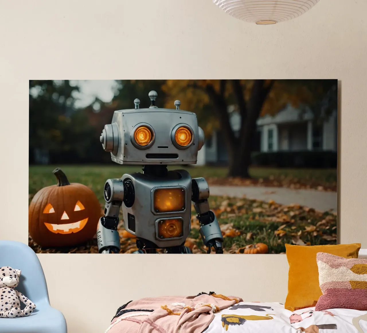 Un robot vintage si trova accanto a una zucca intagliata durante l'autunno alluminio dibond da DesignDoodle