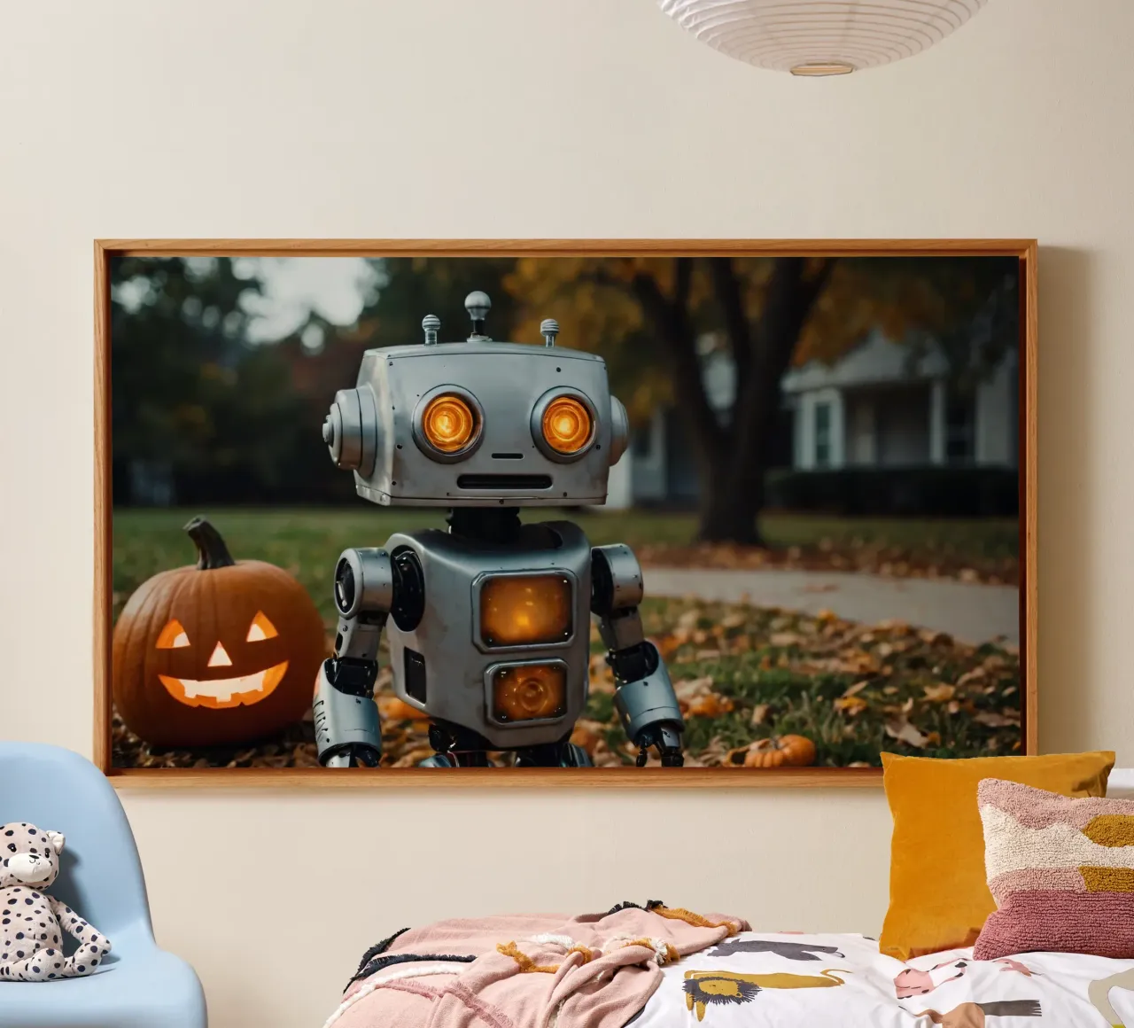 Un robot vintage si trova accanto a una zucca intagliata durante l'autunno tela con Cornice a cassetta da DesignDoodle