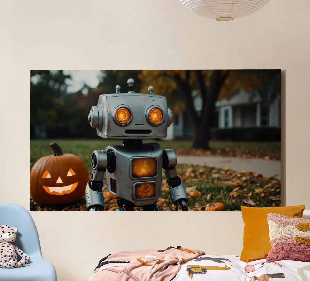 Un robot vintage si trova accanto a una zucca intagliata durante l'autunno tela con Cornice a cassetta da DesignDoodle