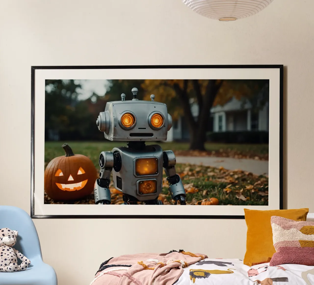Un robot vintage si trova accanto a una zucca intagliata durante l'autunno carta hahnemühle da DesignDoodle