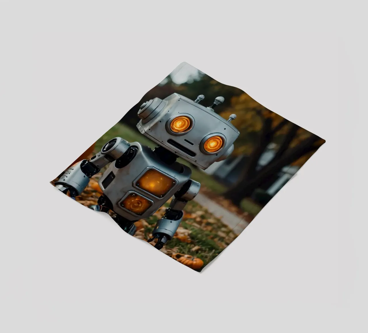 Un robot vintage si trova accanto a una zucca intagliata durante l'autunno coperta in pile da DesignDoodle