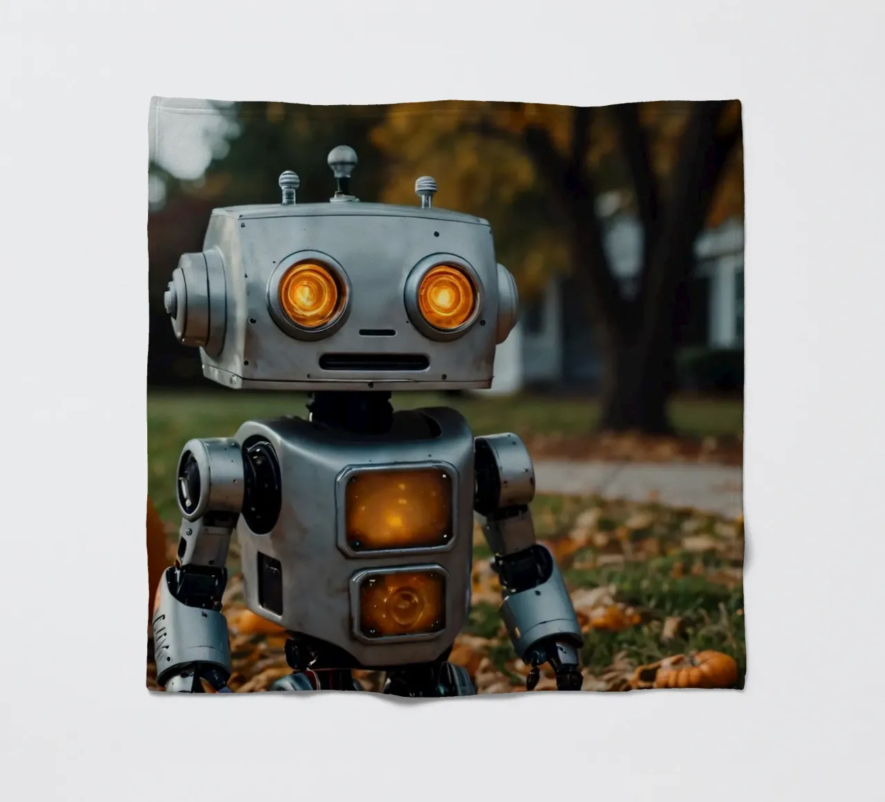 Un robot vintage si trova accanto a una zucca intagliata durante l'autunno coperta in pile da DesignDoodle