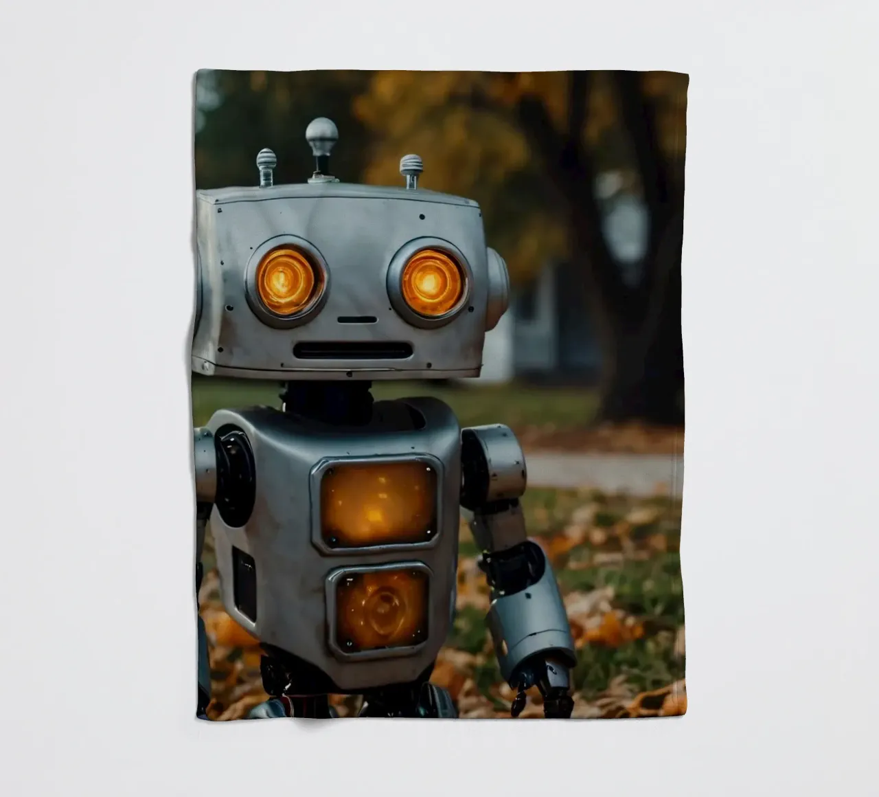 Un robot vintage si trova accanto a una zucca intagliata durante l'autunno coperta in pile da DesignDoodle
