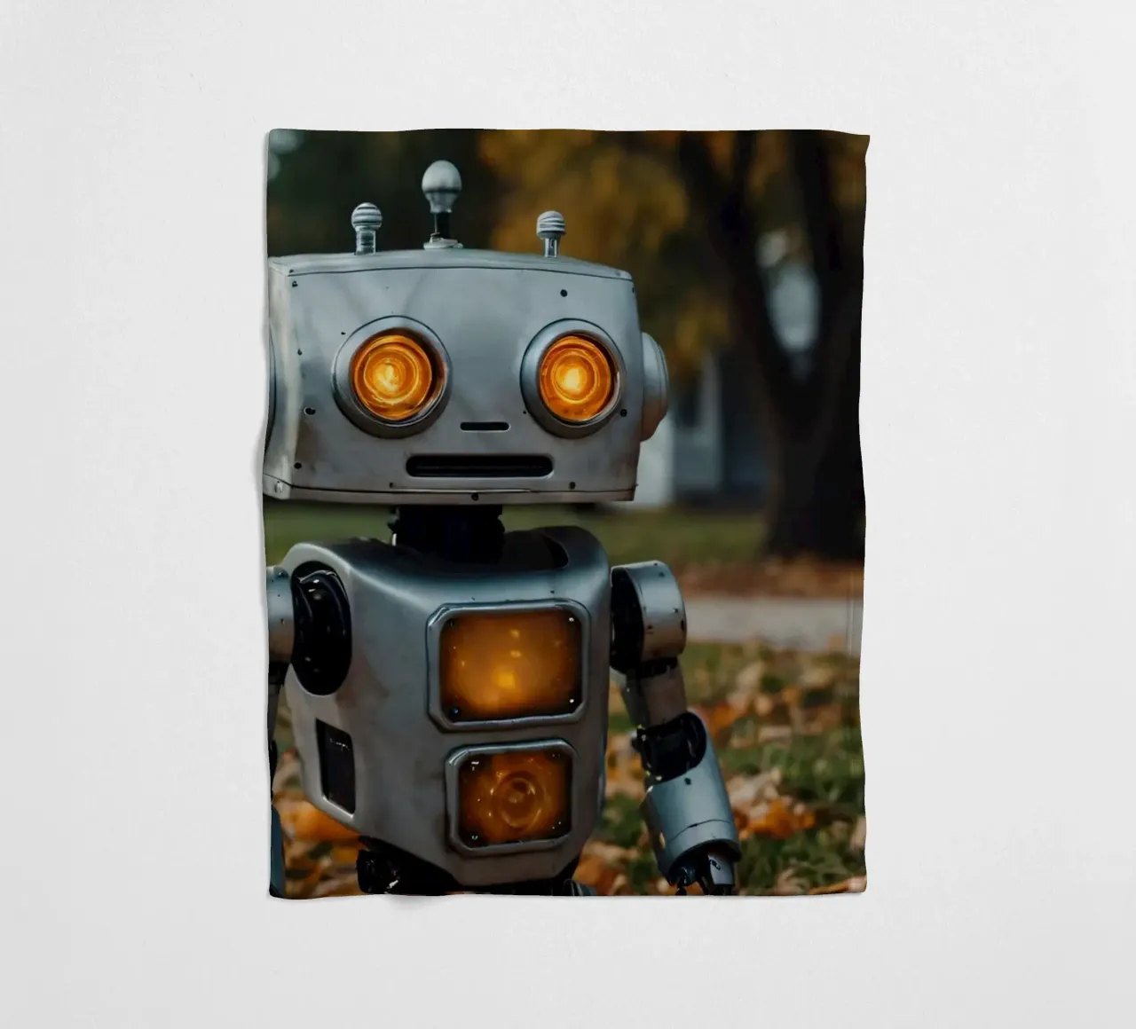 Un robot vintage si trova accanto a una zucca intagliata durante l'autunno coperta in pile da DesignDoodle