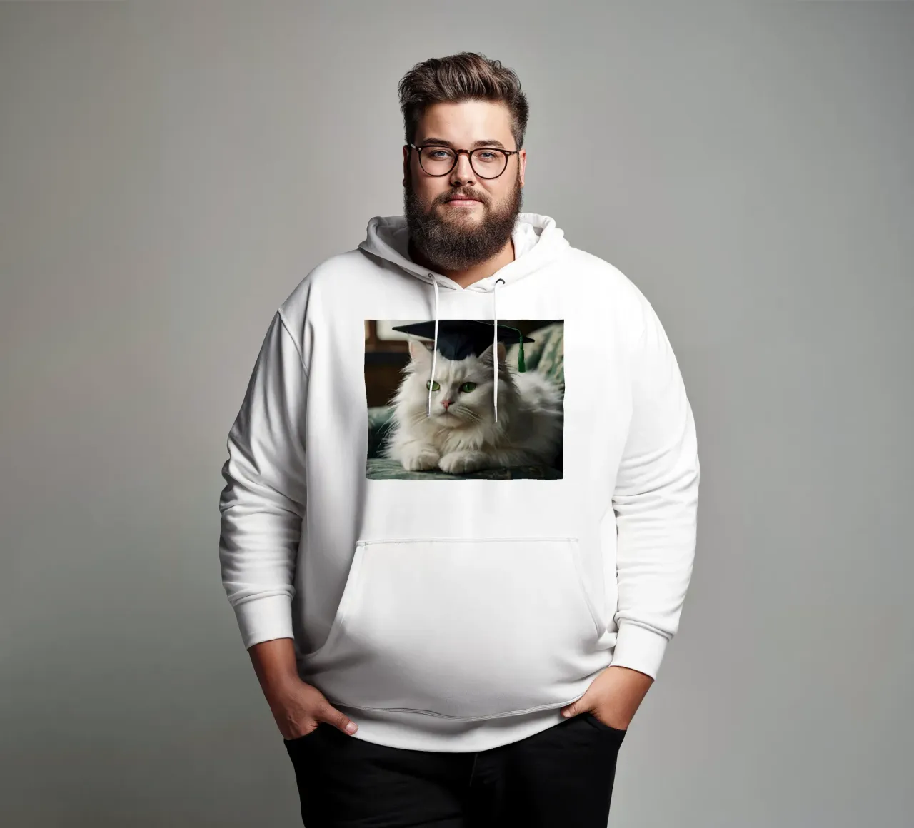 Un gatto bianco e soffice che indossa un cappello da laurea riposa felpa con cappuccio da DesignDoodle