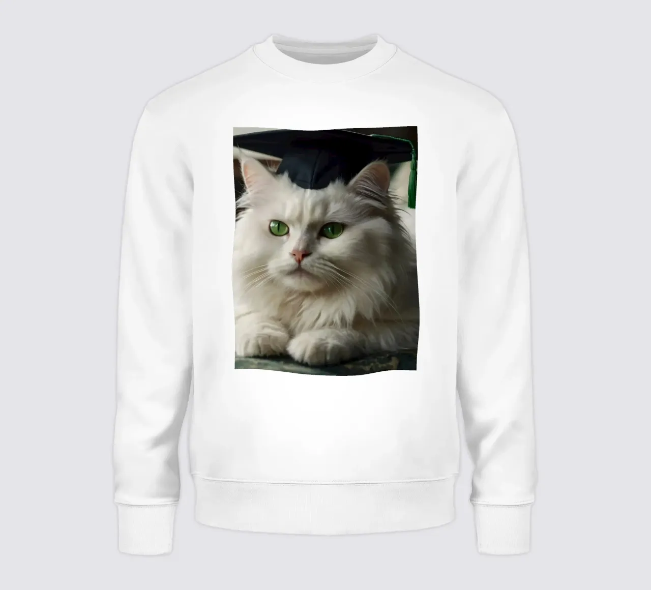 Un gatto bianco e soffice che indossa un cappello da laurea riposa felpa da DesignDoodle