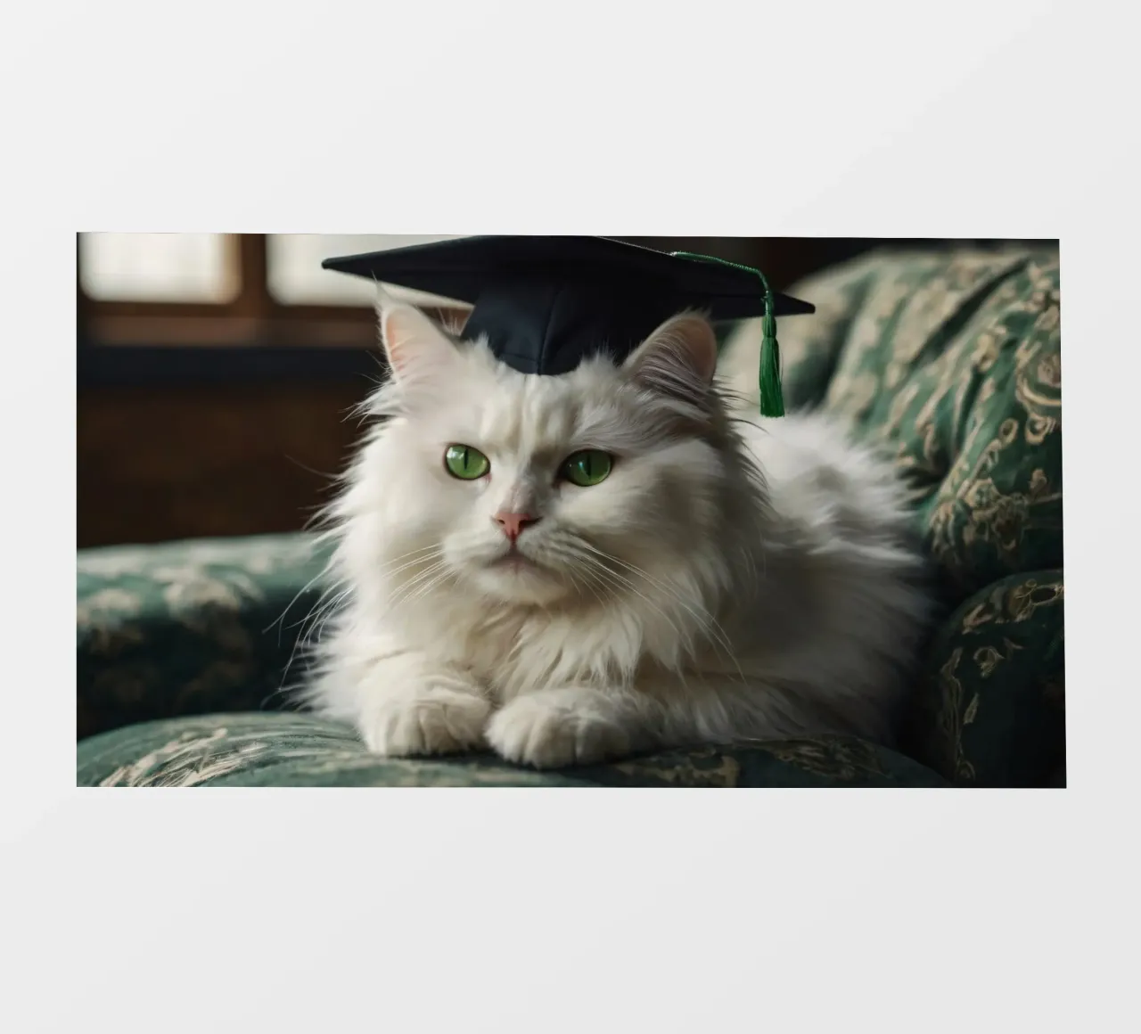 Un gatto bianco e soffice che indossa un cappello da laurea riposa pellicola backlit da DesignDoodle