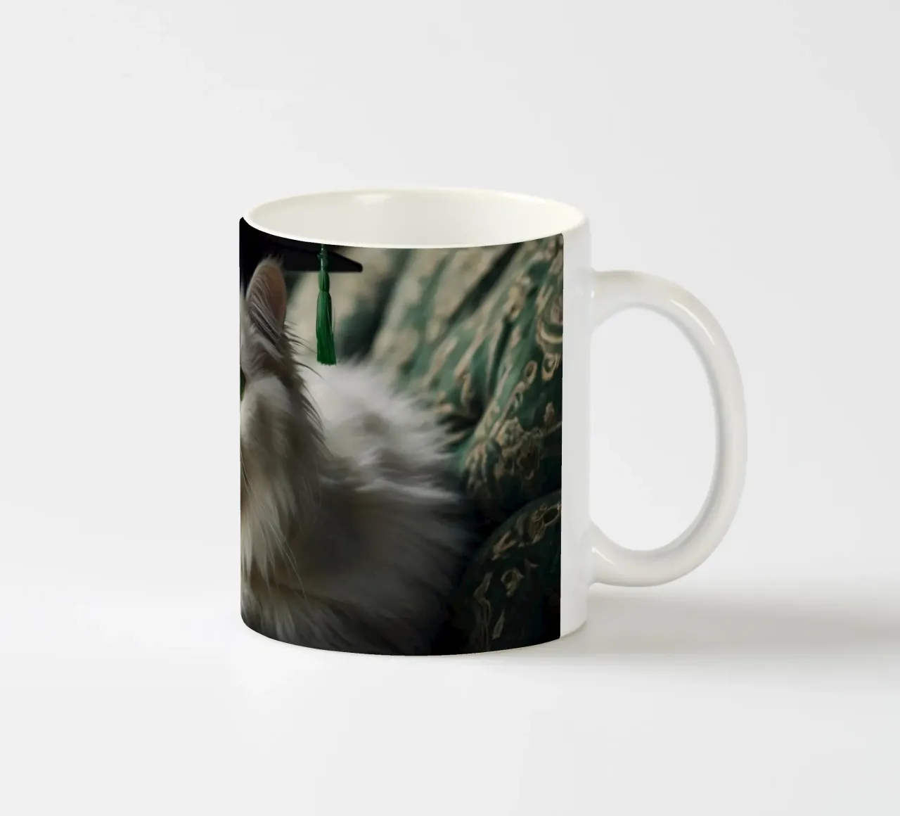 Un gatto bianco e soffice che indossa un cappello da laurea riposa tazza in ceramica da DesignDoodle