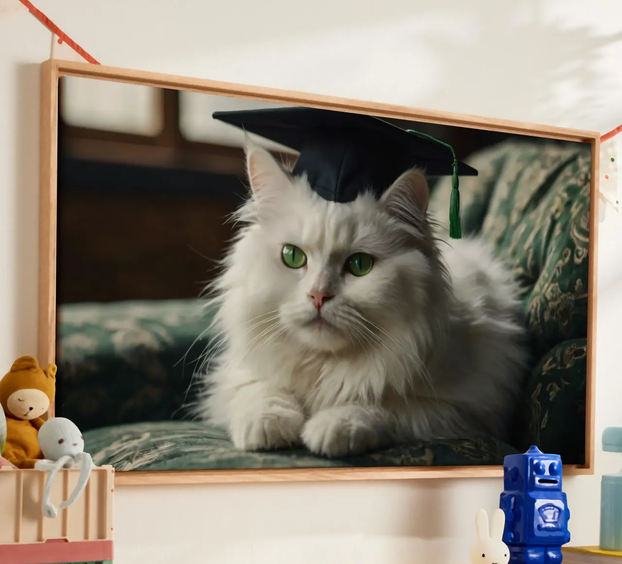Un gatto bianco e soffice che indossa un cappello da laurea riposa tela con Cornice a cassetta da DesignDoodle