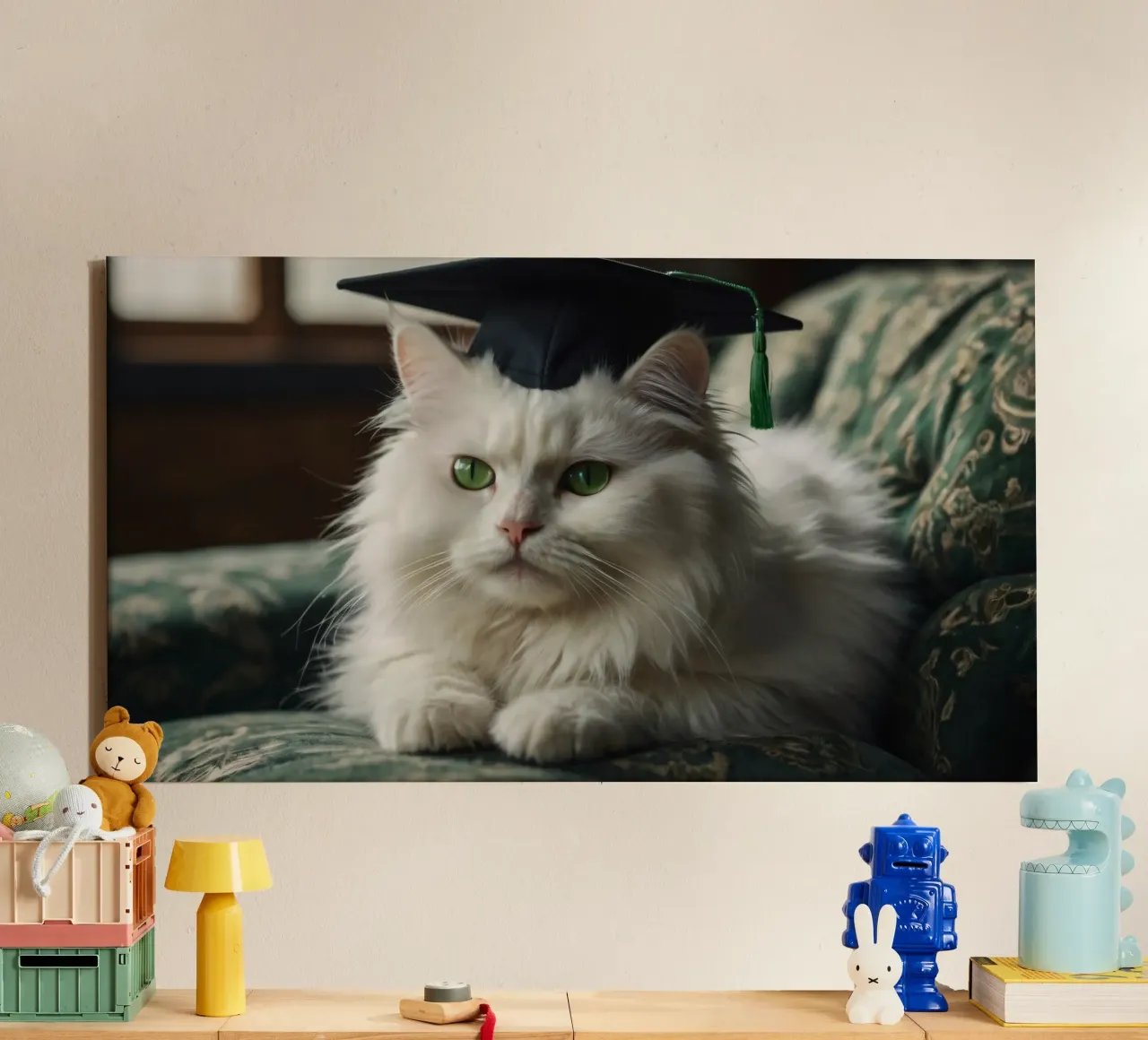 Un gatto bianco e soffice che indossa un cappello da laurea riposa tela con Cornice a cassetta da DesignDoodle