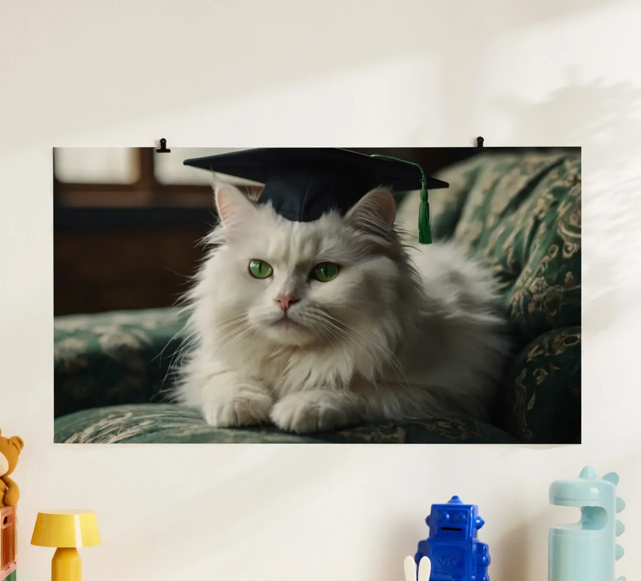 Un gatto bianco e soffice che indossa un cappello da laurea riposa poster con telaio in legno da DesignDoodle