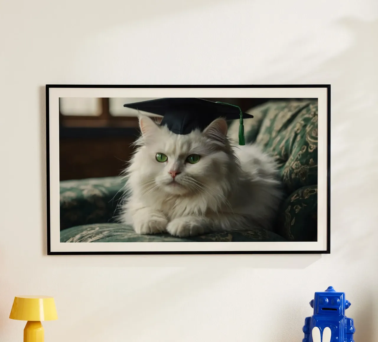 Un gatto bianco e soffice che indossa un cappello da laurea riposa poster con telaio in legno da DesignDoodle