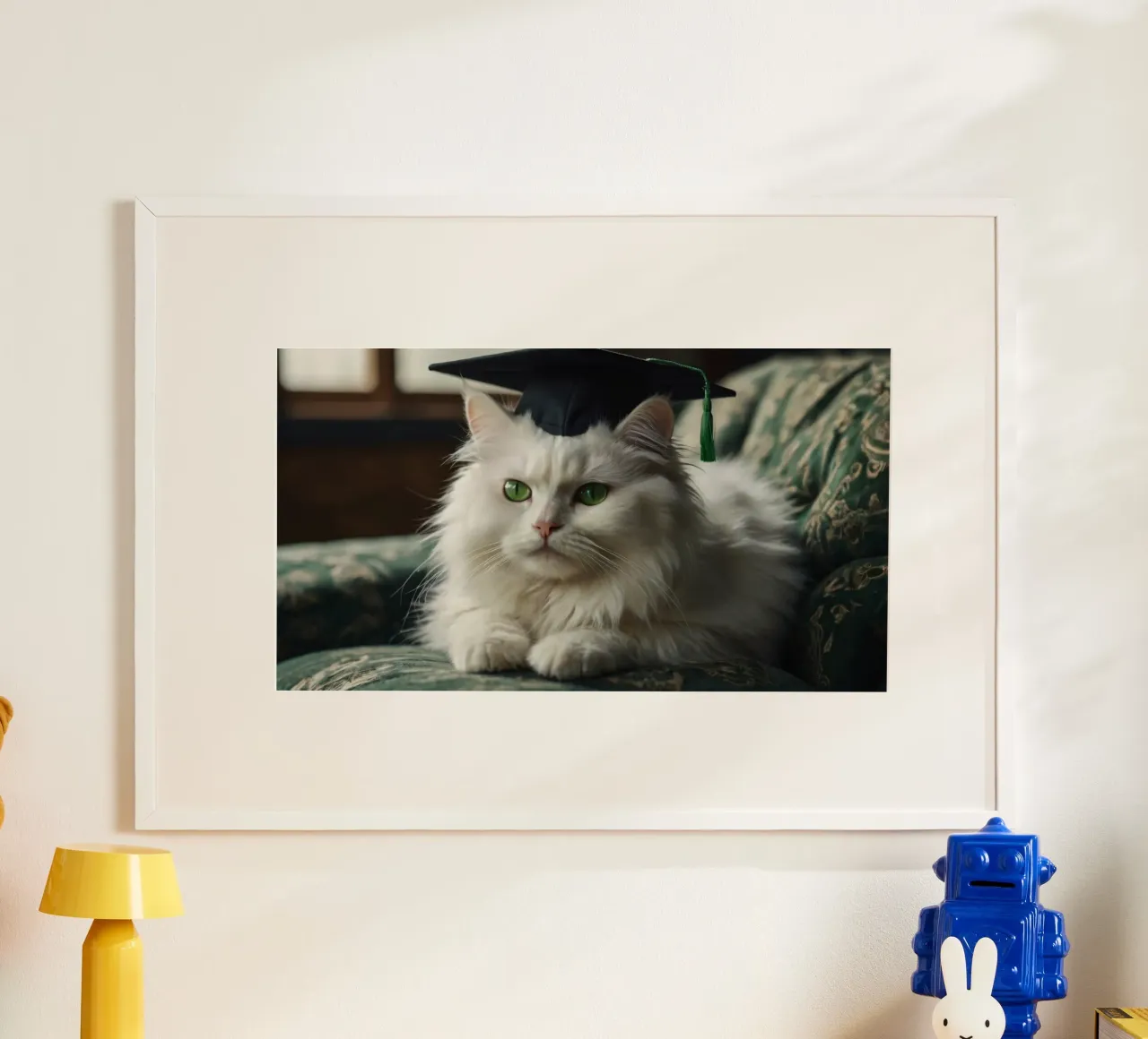 Un gatto bianco e soffice che indossa un cappello da laurea riposa poster con telaio in legno da DesignDoodle