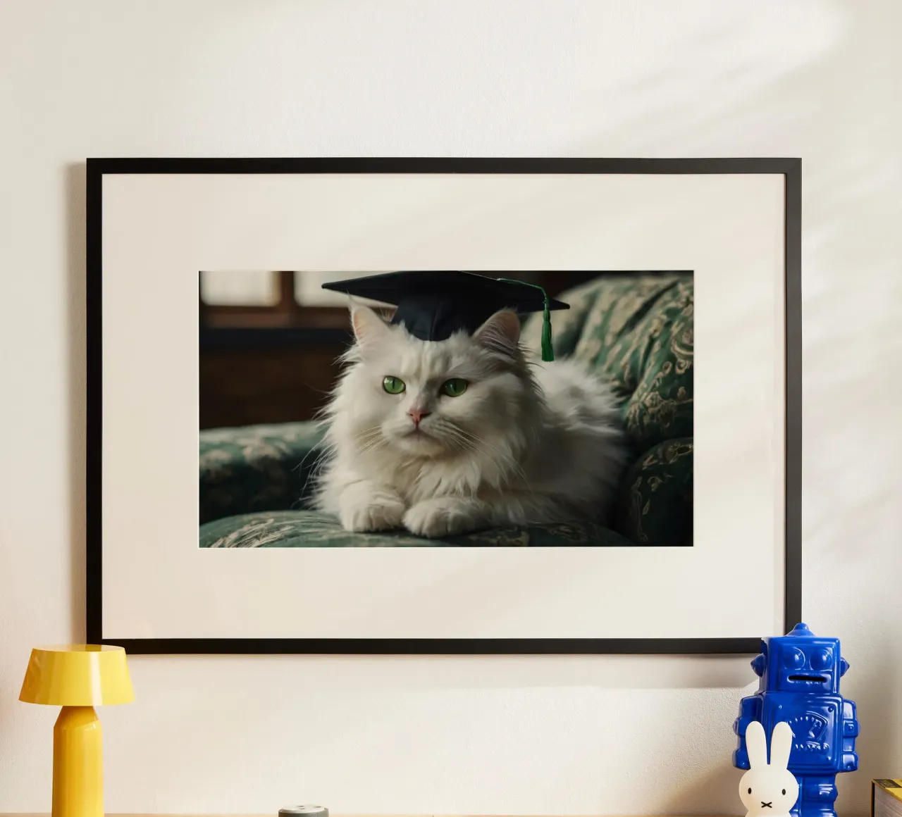 Un gatto bianco e soffice che indossa un cappello da laurea riposa poster con telaio in legno da DesignDoodle