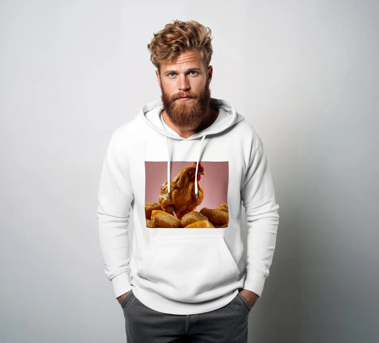 Un pollo fritto e dorato, appollaiato in cima a crocchette croccanti, circonda felpa con cappuccio da DesignDoodle