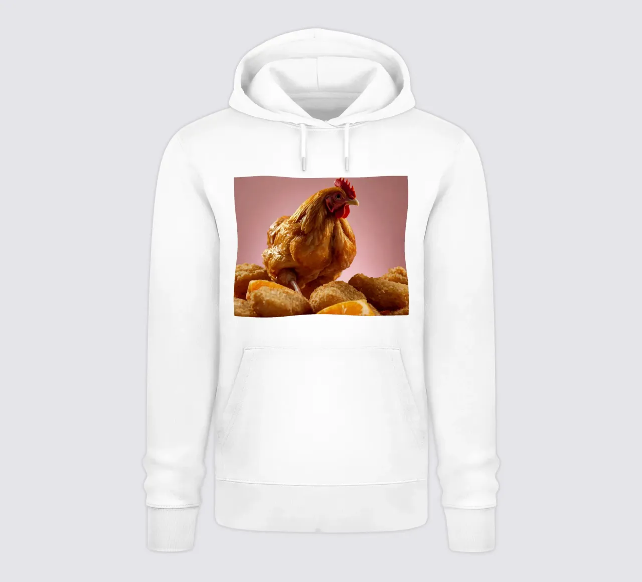 Un pollo fritto e dorato, appollaiato in cima a crocchette croccanti, circonda felpa con cappuccio da DesignDoodle