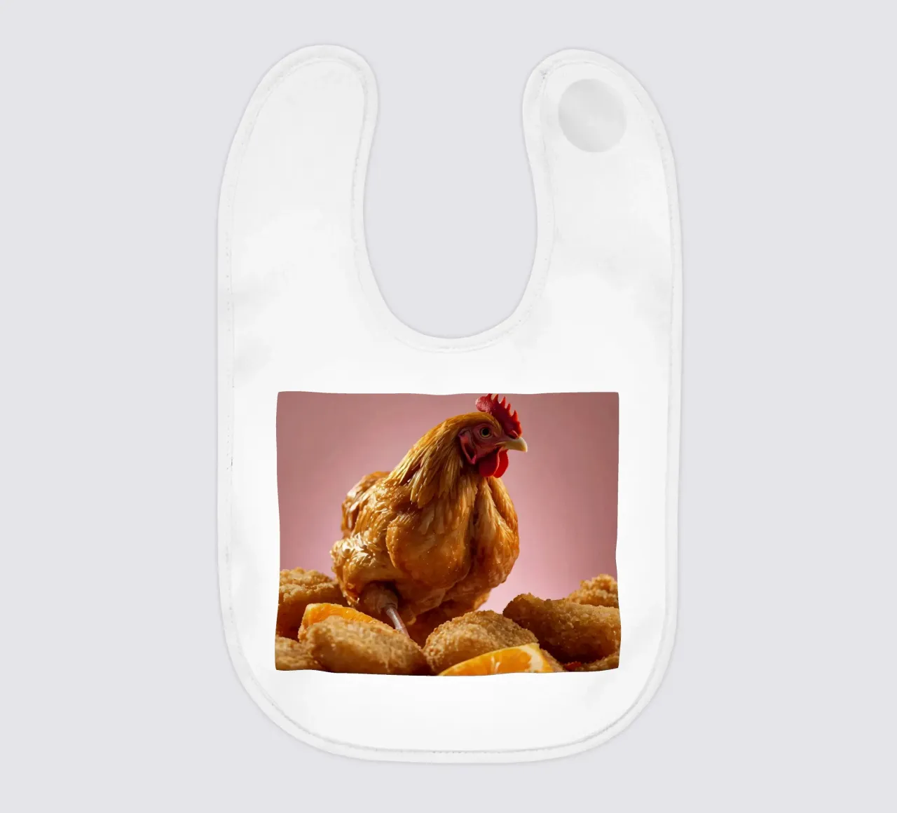 Ein goldenes, gebratenes Hähnchen, das auf knusprigen Nuggets thront, umgibt Babylätzchen von DesignDoodle