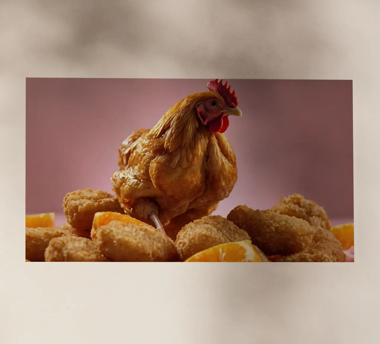 Un pollo fritto e dorato, appollaiato in cima a crocchette croccanti, circonda pellicola backlit da DesignDoodle