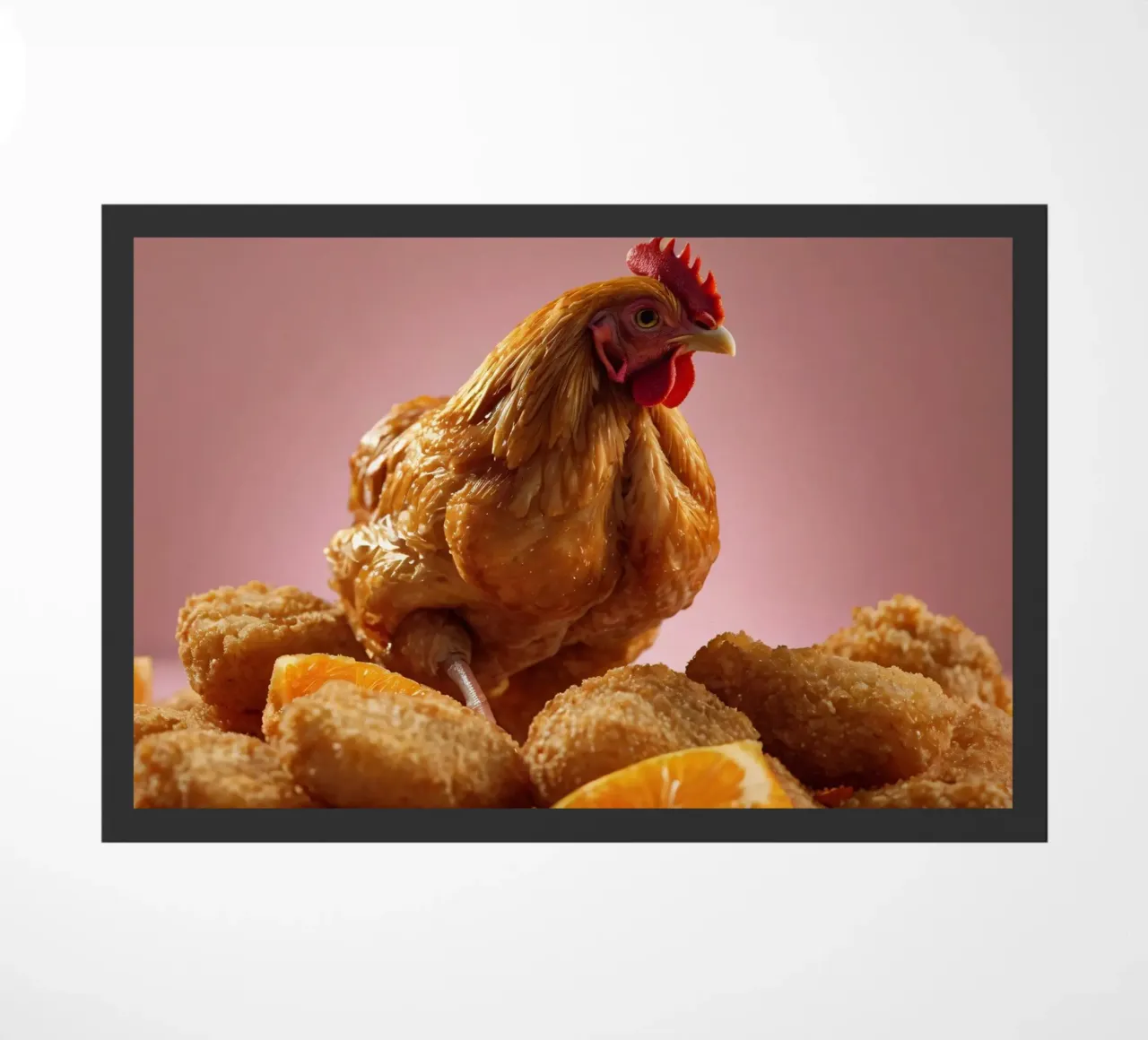 Un pollo fritto e dorato, appollaiato in cima a crocchette croccanti, circonda zerbino da DesignDoodle