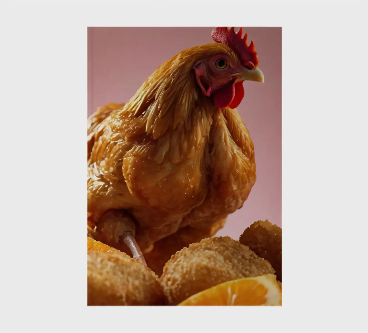Un poulet frit doré, perché sur des nuggets croustillants, entoure le poulet. carnet de notes de DesignDoodle