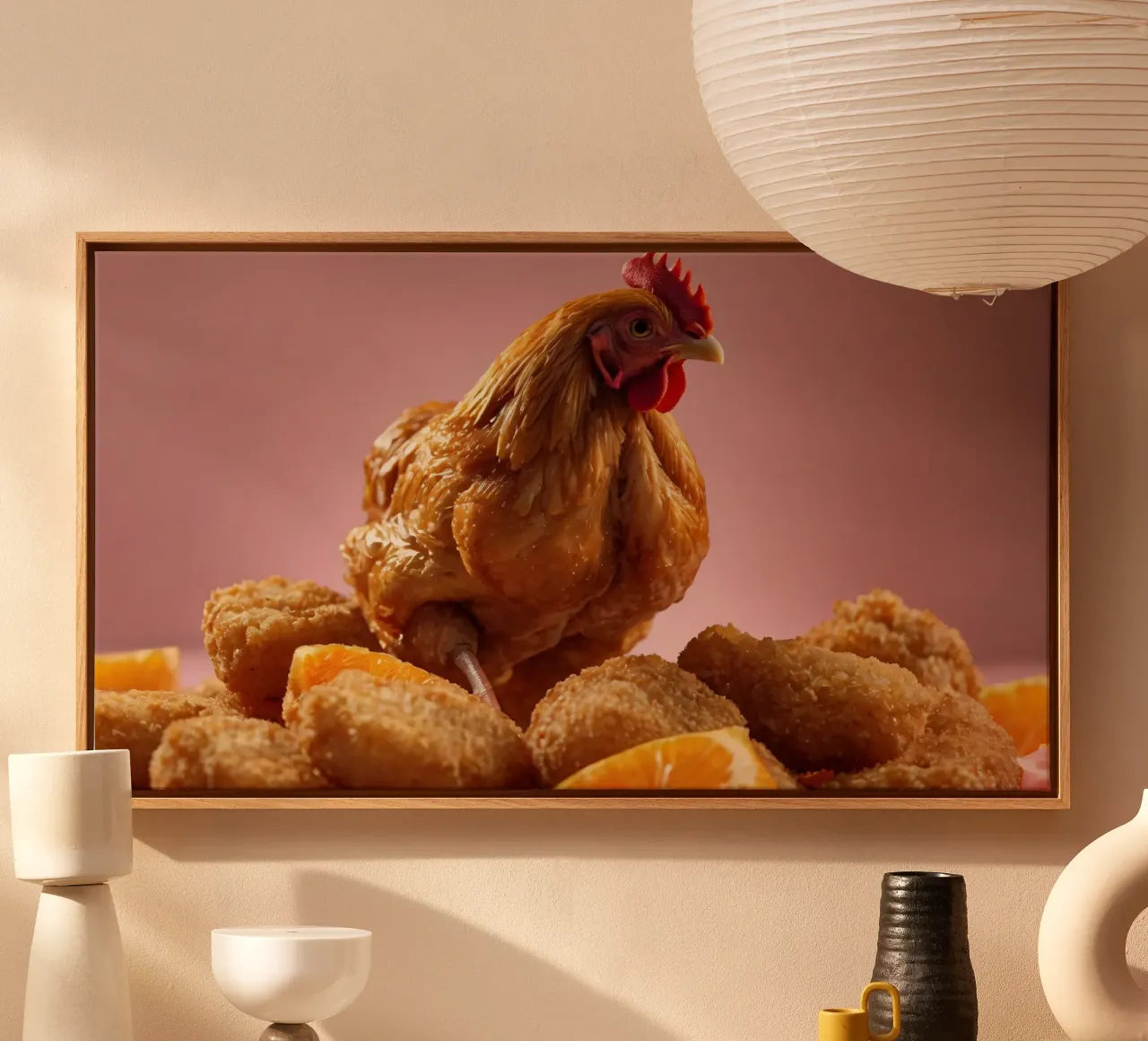 Un pollo frito y dorado encima de unos nuggets crujientes rodean lienzo de DesignDoodle