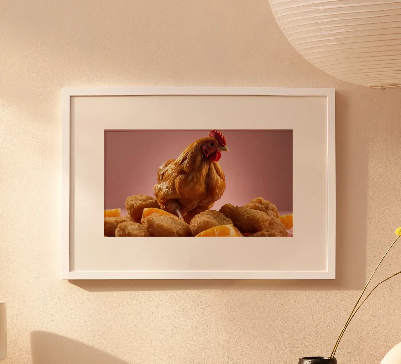 Un poulet frit doré, perché sur des nuggets croustillants, entoure le poulet. hahnemühle de DesignDoodle