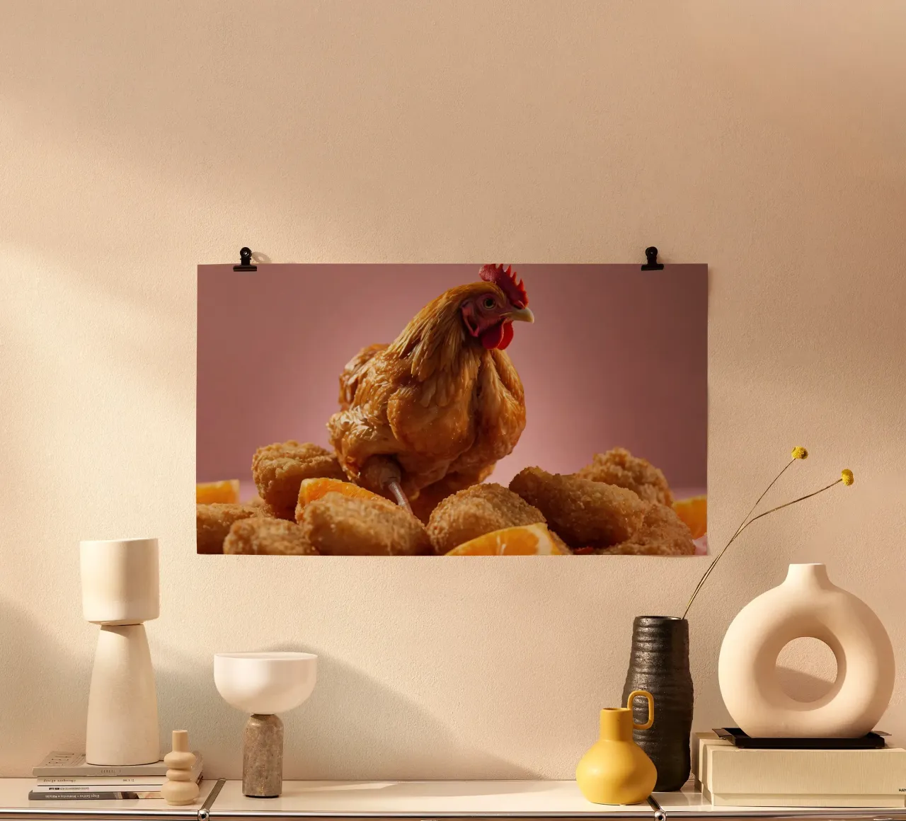Un poulet frit doré, perché sur des nuggets croustillants, entoure le poulet. hahnemühle de DesignDoodle