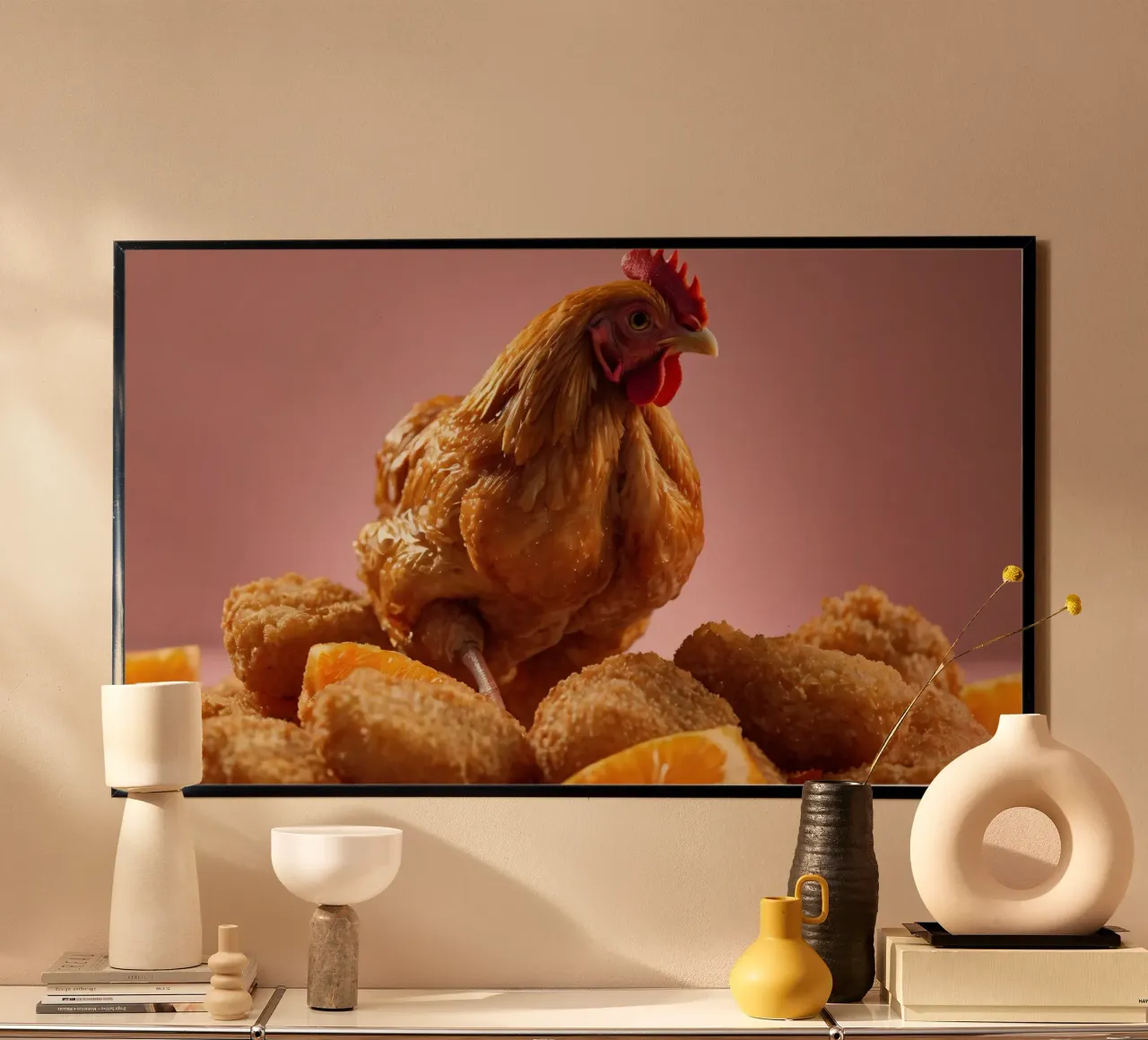 Un poulet frit doré, perché sur des nuggets croustillants, entoure le poulet. hahnemühle de DesignDoodle