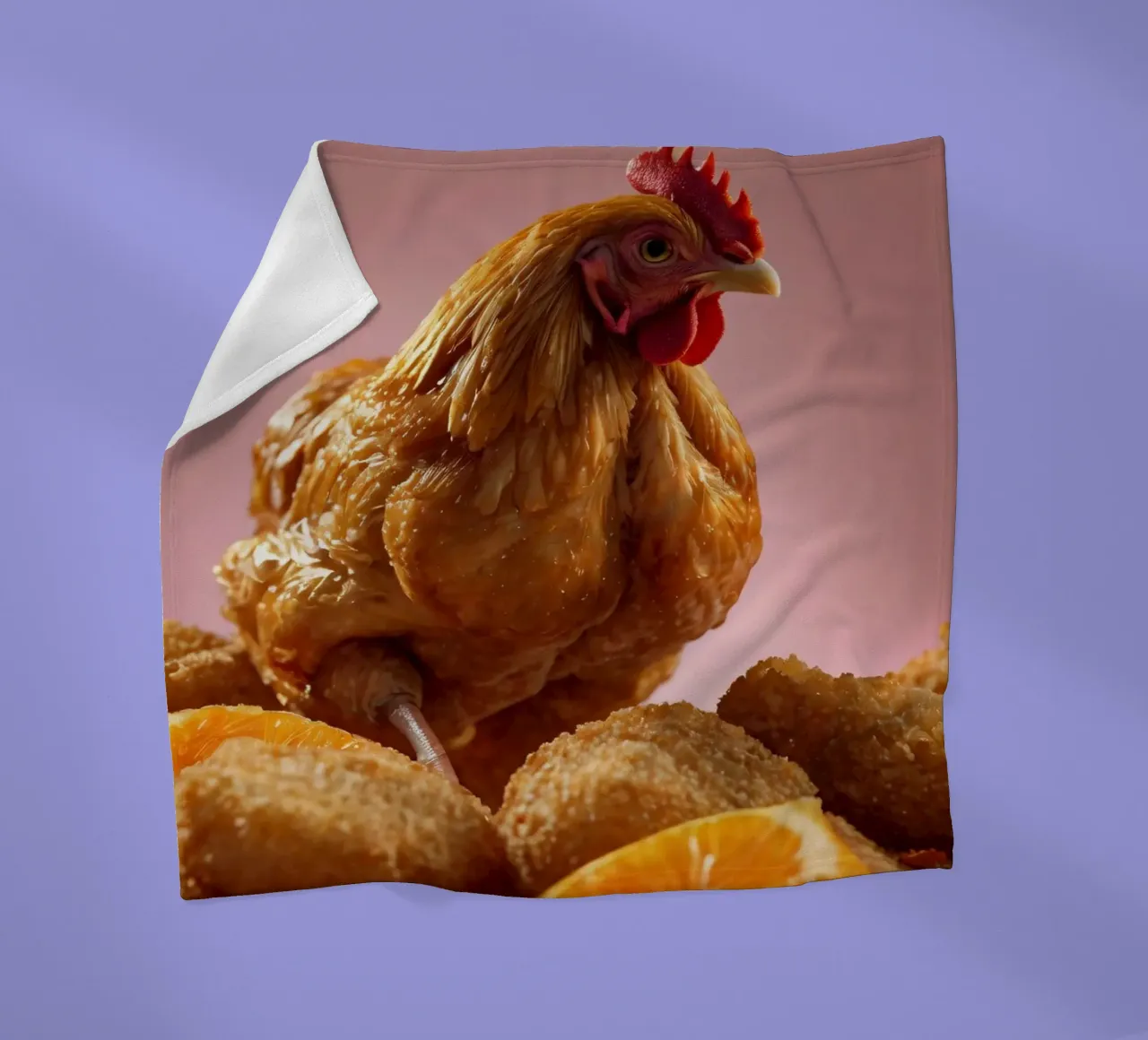 Ein goldenes, gebratenes Hähnchen, das auf knusprigen Nuggets thront, umgibt Fleecedecke von DesignDoodle
