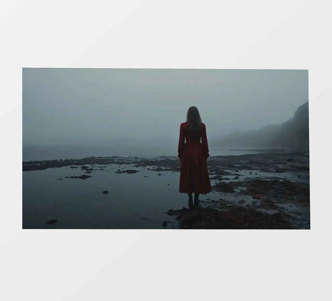 Une femme vêtue d'une robe rouge se tient debout, contemplative, au bord d'une rivière brumeuse. papier peint photo de DesignDoodle