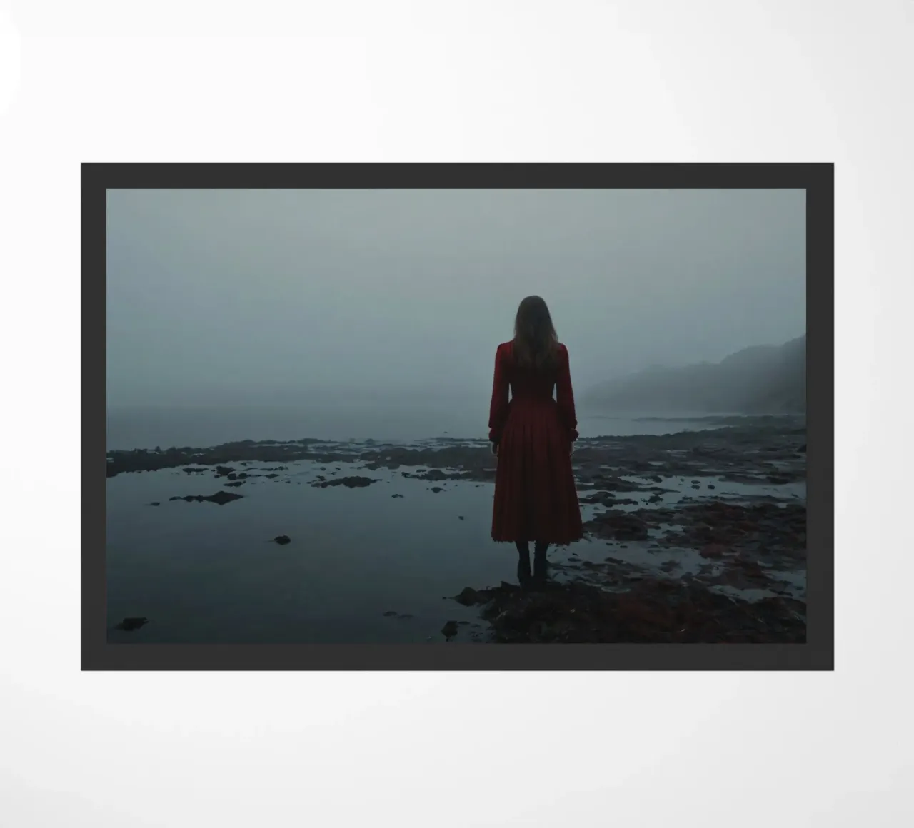 Une femme vêtue d'une robe rouge se tient debout, contemplative, au bord d'une rivière brumeuse. paillasson de DesignDoodle