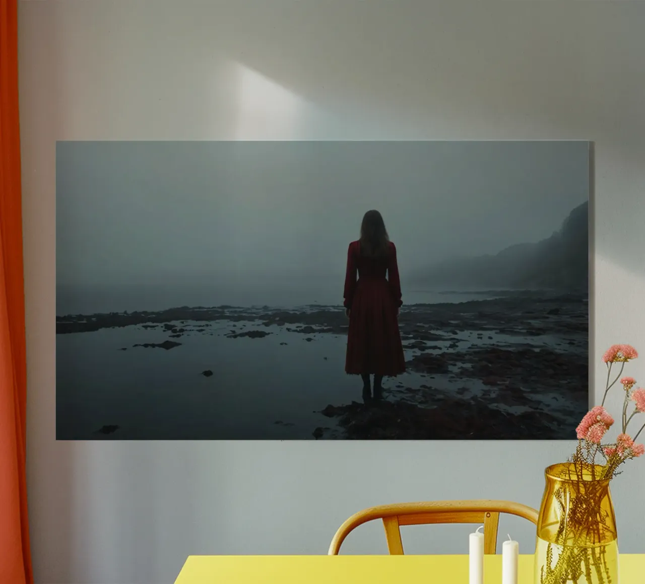 A woman in a red dress stands contemplatively by the foggy s acrylic glass by DesignDoodle