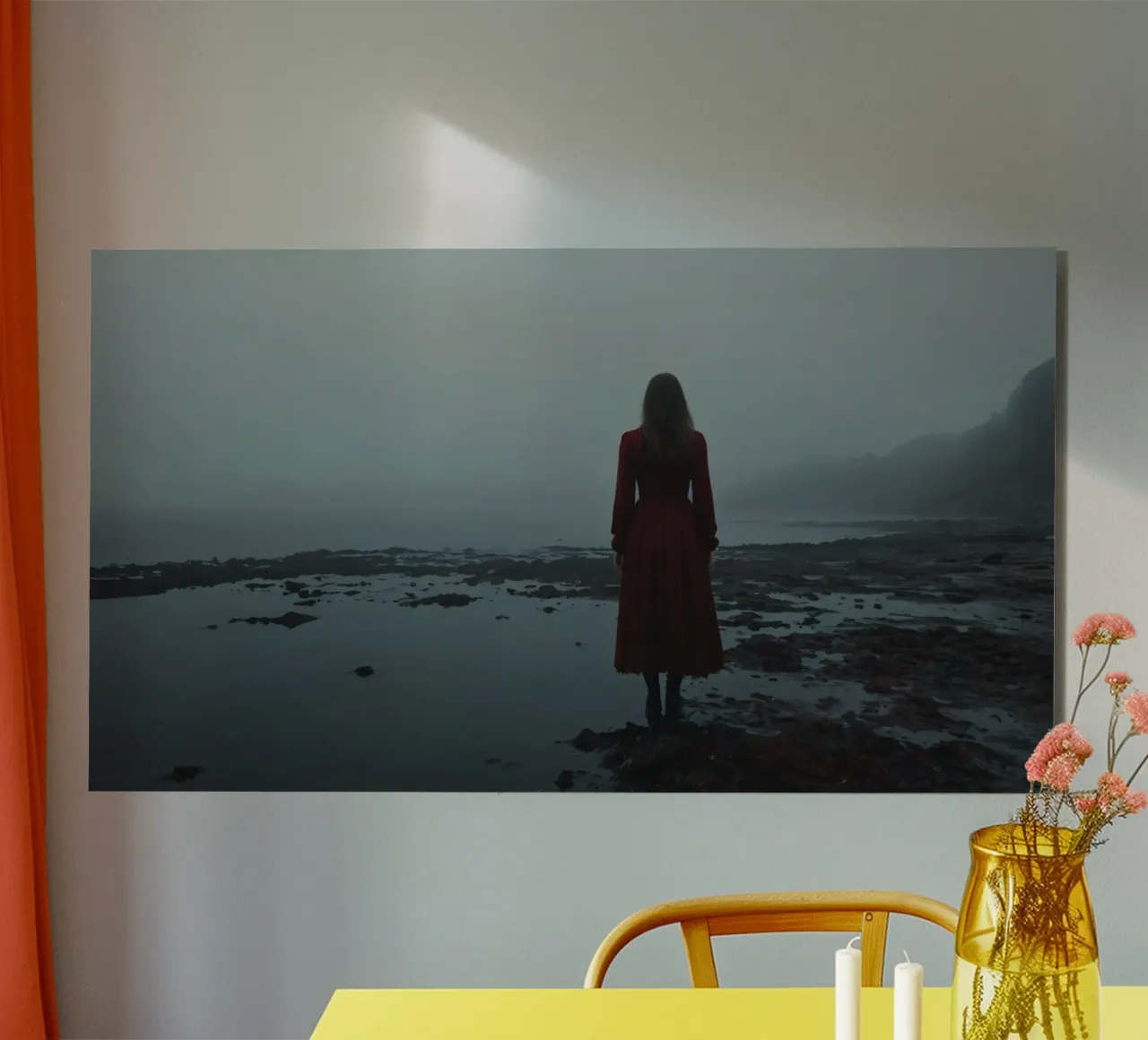 A woman in a red dress stands contemplatively by the foggy s forex plate by DesignDoodle