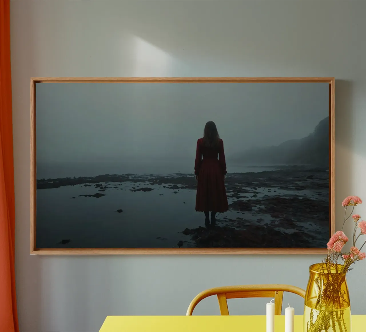 Une femme vêtue d'une robe rouge se tient debout, contemplative, au bord d'une rivière brumeuse. toile avec Caisse américaine de DesignDoodle
