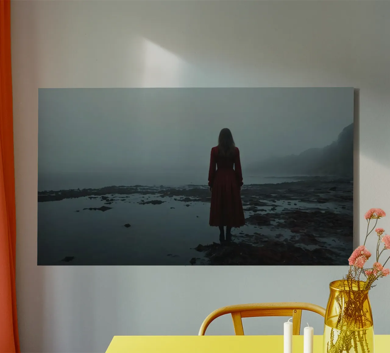 Une femme vêtue d'une robe rouge se tient debout, contemplative, au bord d'une rivière brumeuse. toile avec Caisse américaine de DesignDoodle
