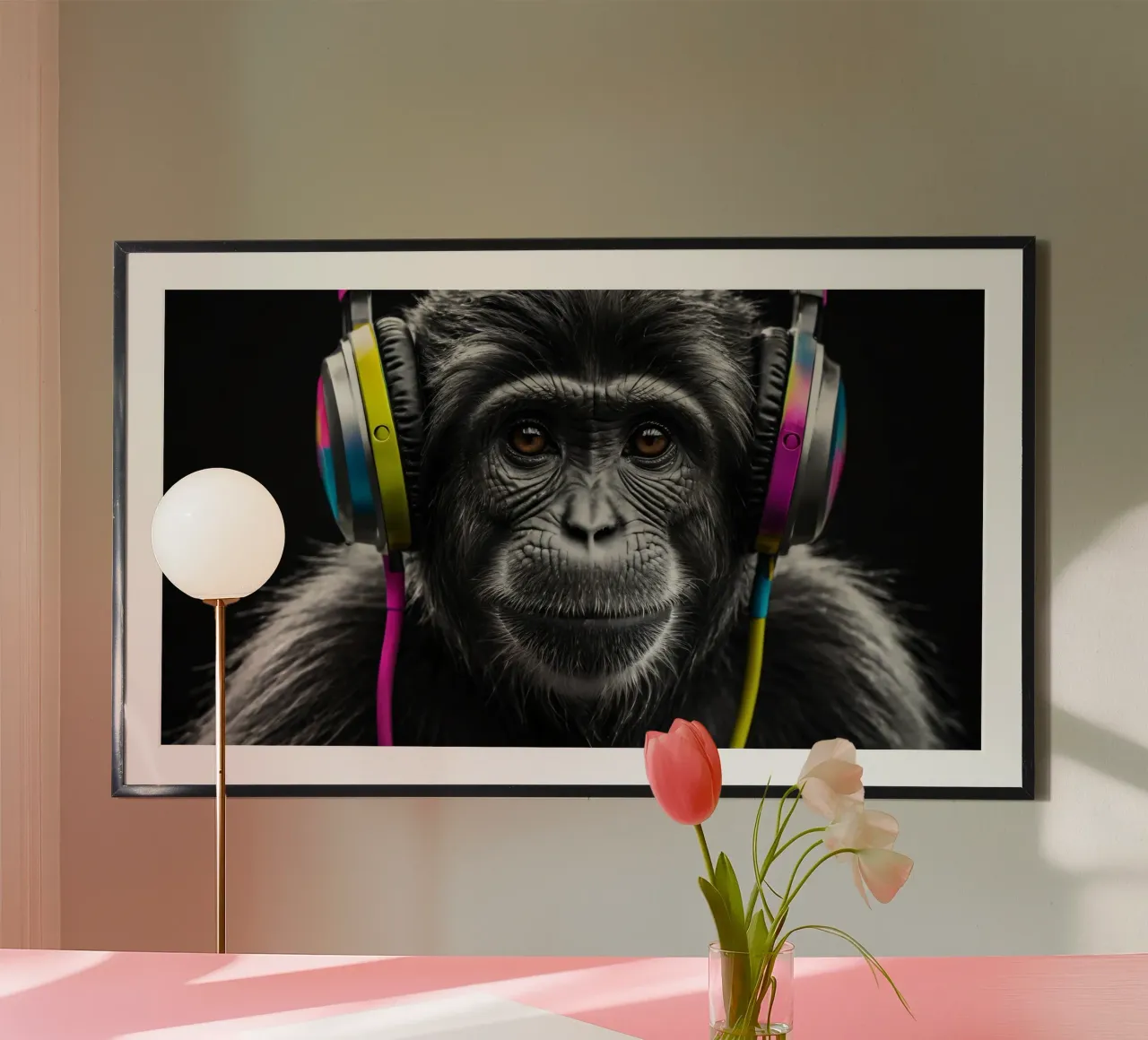 un gorilla che indossa cuffie colorate e si gode la musica poster con telaio in alluminio da DesignDoodle