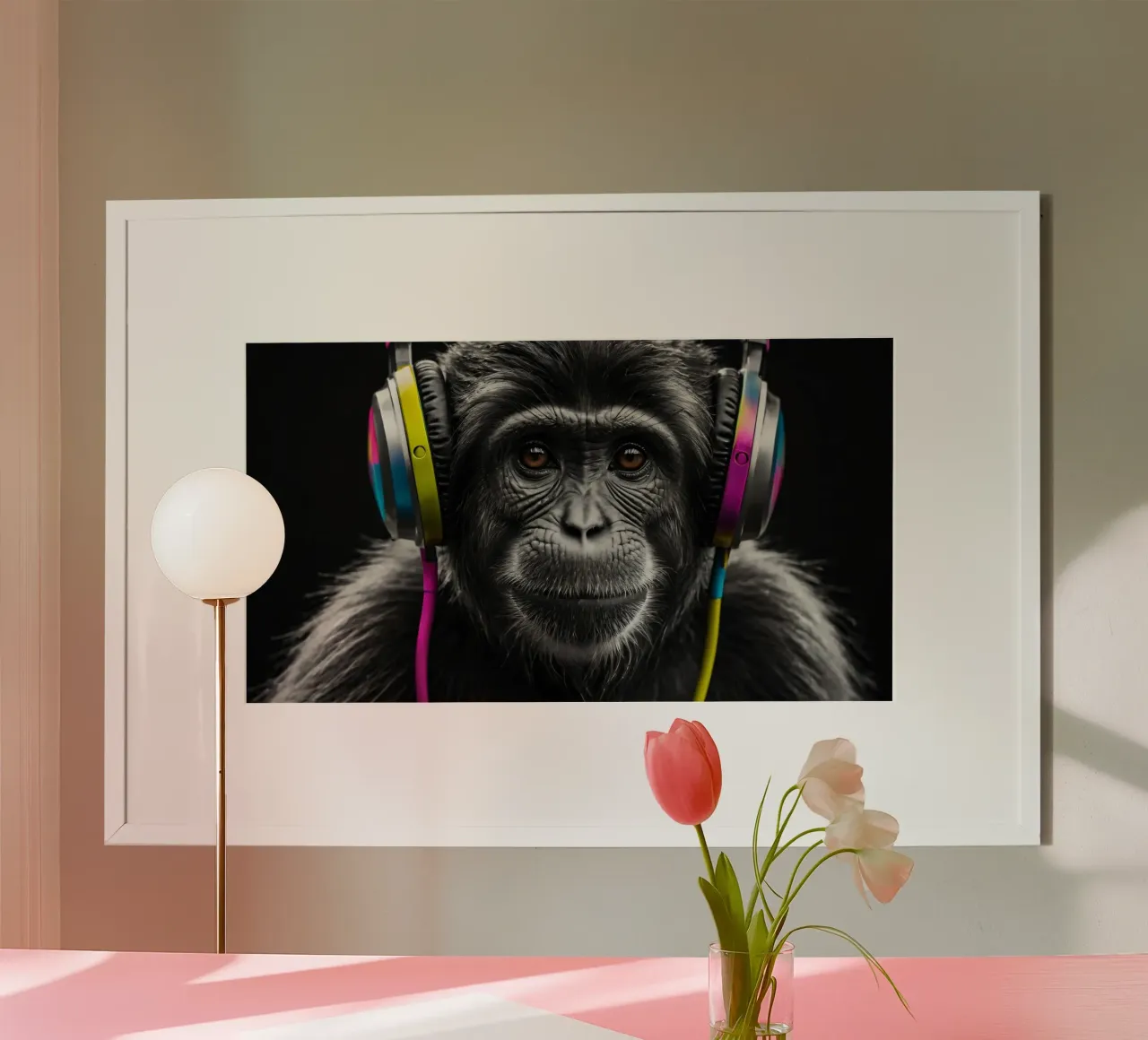 un gorilla che indossa cuffie colorate e si gode la musica poster con telaio in alluminio da DesignDoodle