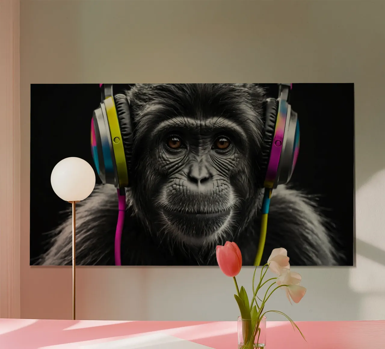 un gorilla che indossa cuffie colorate e si gode la musica poster con telaio in alluminio da DesignDoodle