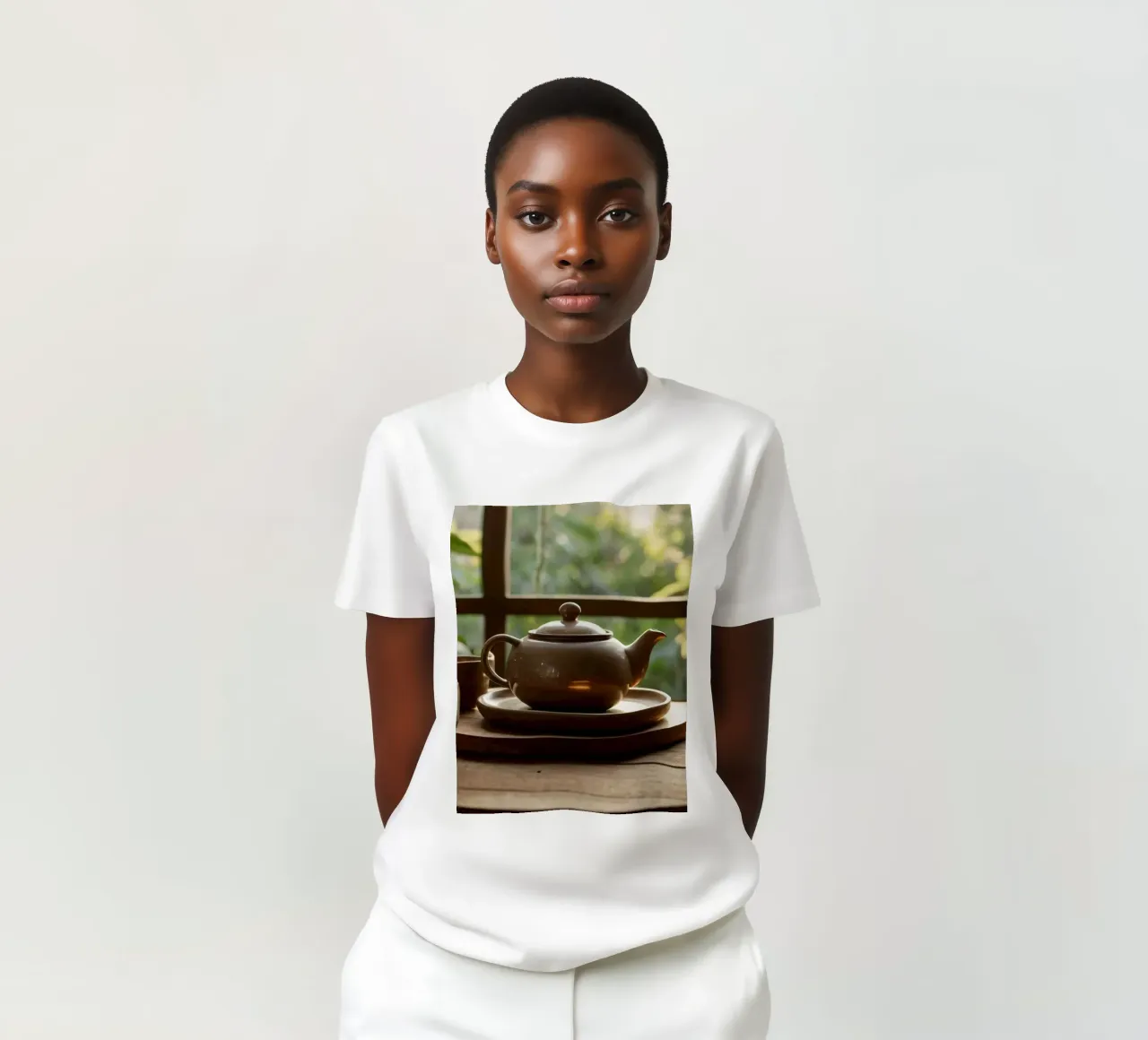 serene thee op een houten tafel omringd door weelderig groen t-shirt van DesignDoodle