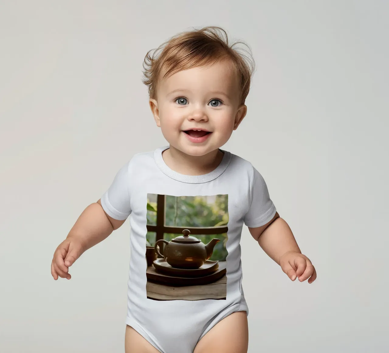 serene tea setup on a wooden table surrounded by lush green short-sleeve baby romper by DesignDoodle