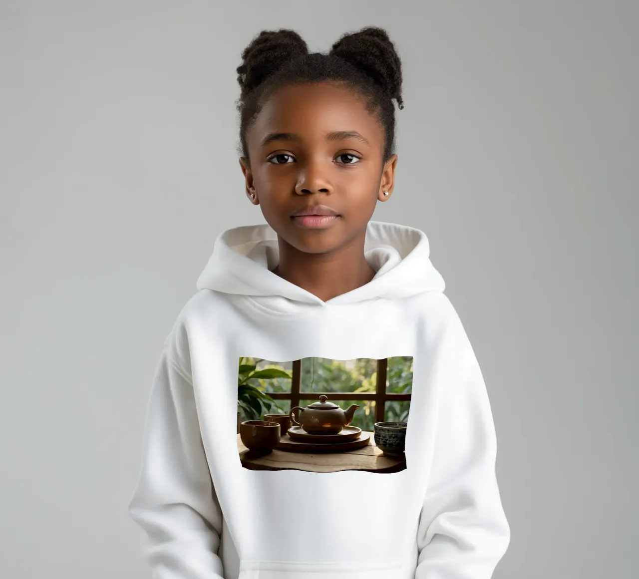 serene tea setup on a wooden table surrounded by lush green kids hoodie by DesignDoodle