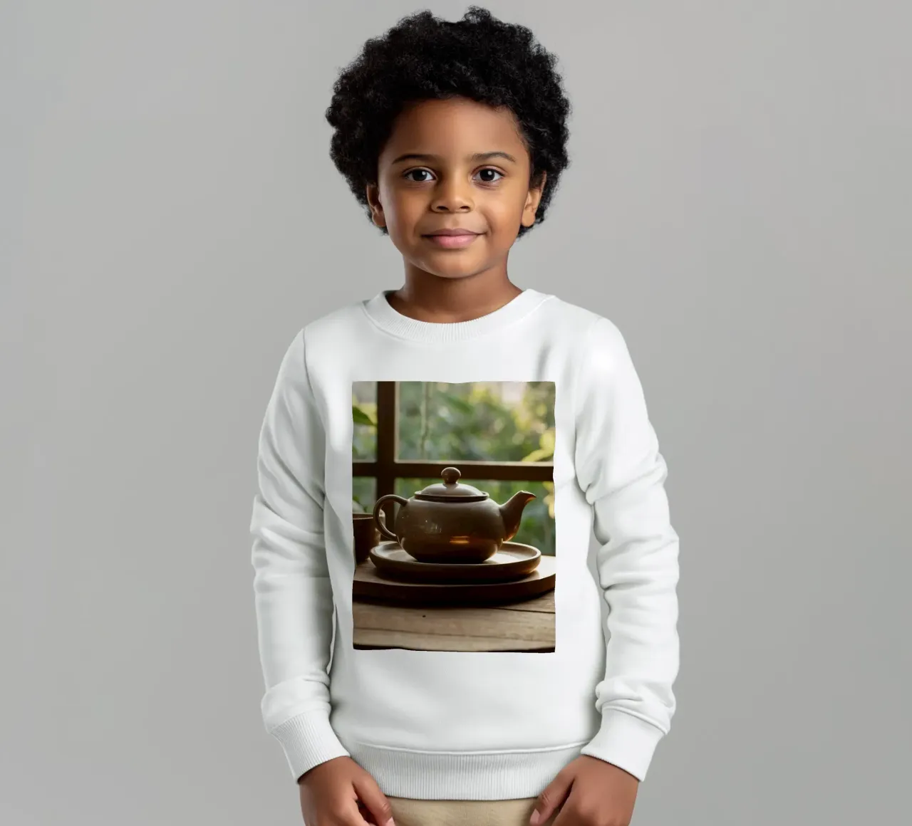 une table en bois entourée d'une végétation luxuriante. sweat enfant de DesignDoodle