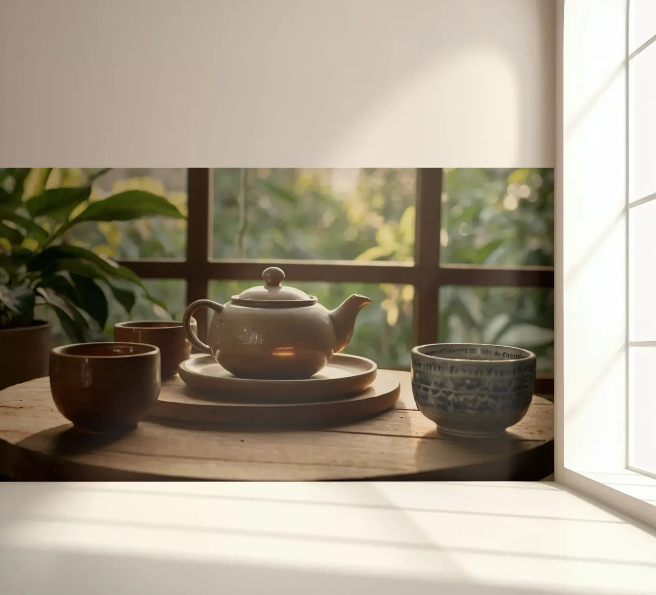 serene tea setup on a wooden table surrounded by lush green photo wallpaper by DesignDoodle