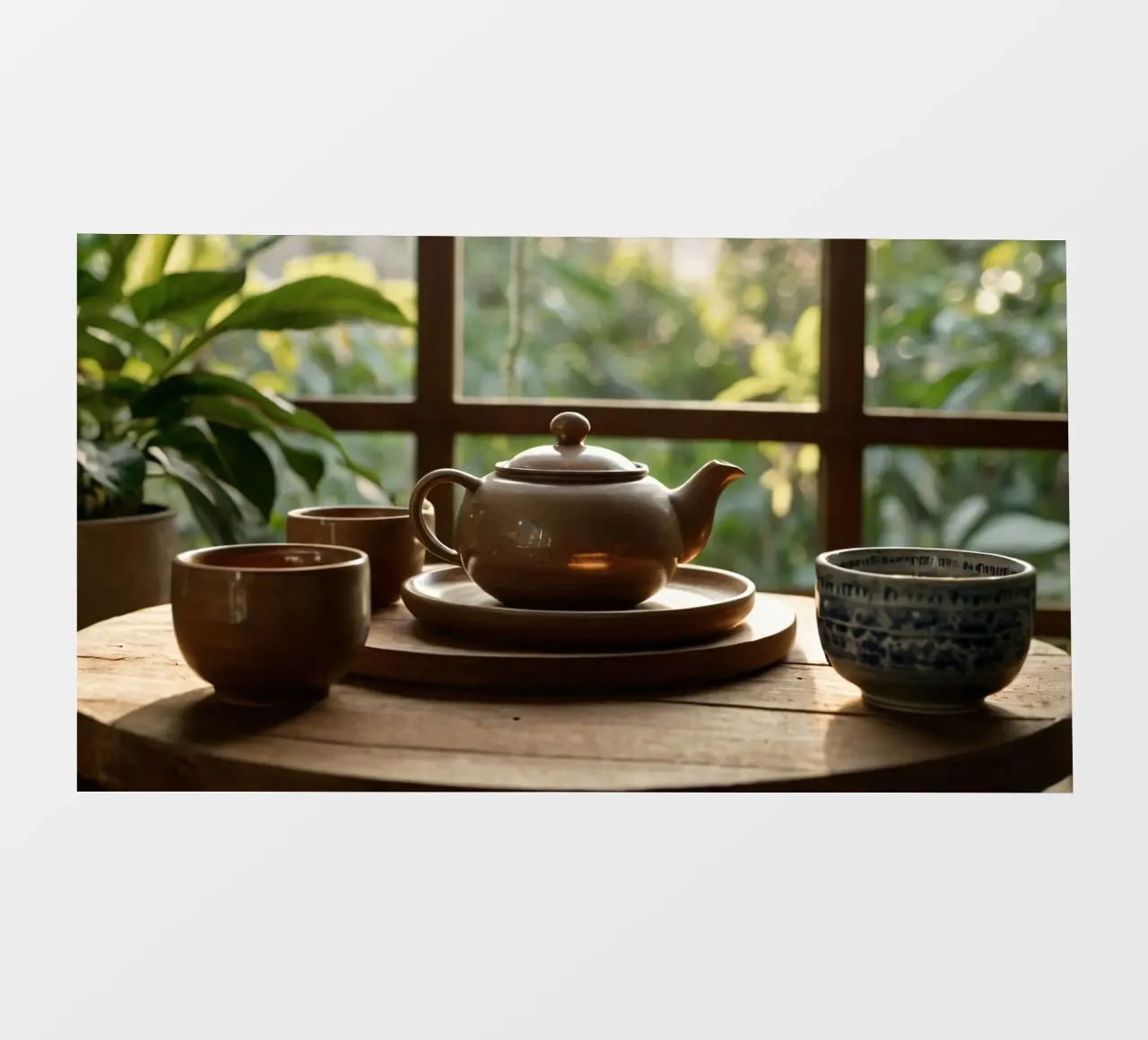 serene tea setup on a wooden table surrounded by lush green photo wallpaper by DesignDoodle