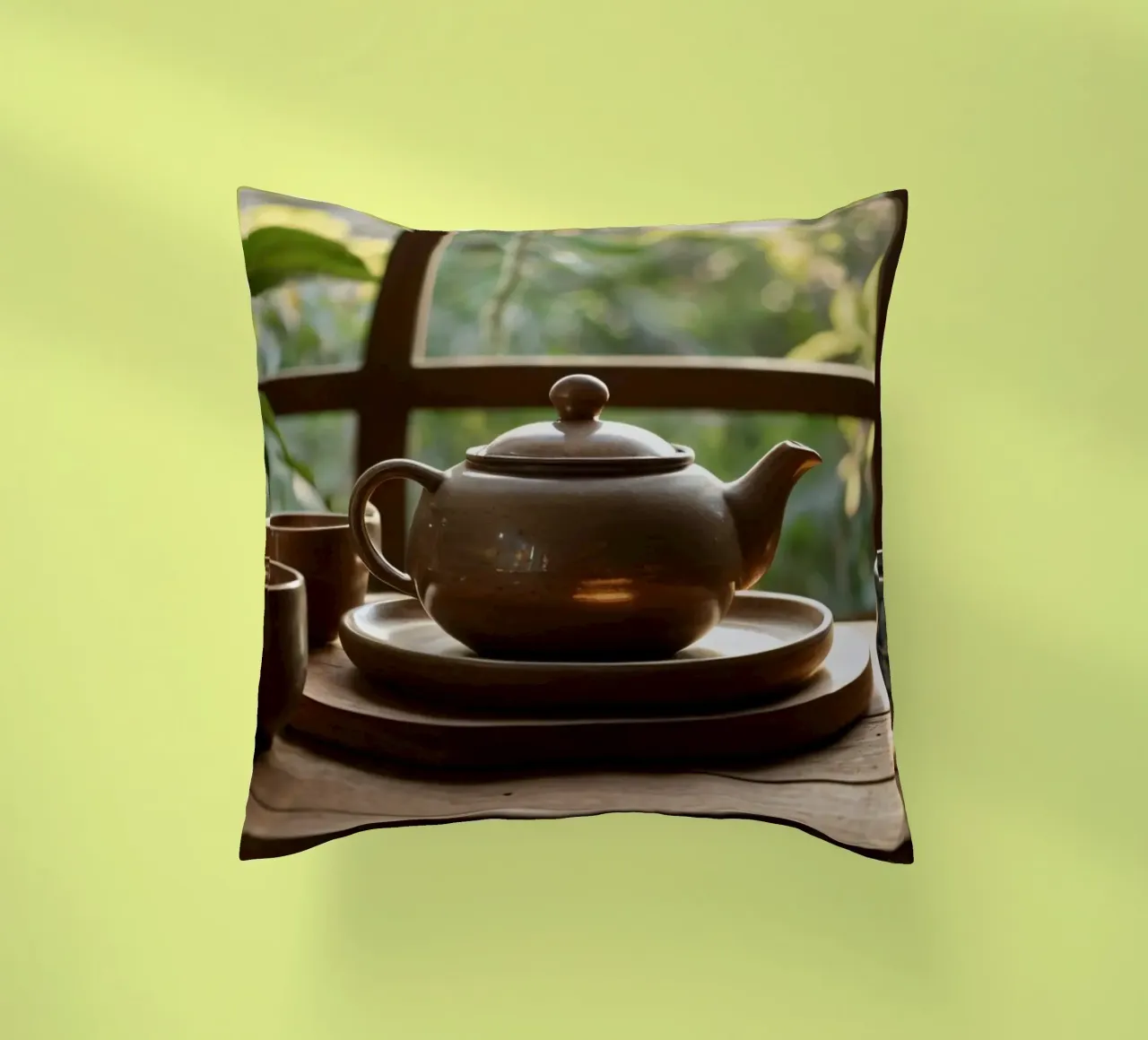 serene tea setup on a wooden table surrounded by lush green decorative cushion by DesignDoodle